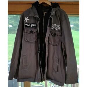 Women's REBEL & SOUL New York Patch Dark Gray Full Zip/Button Jacket Sz XXL